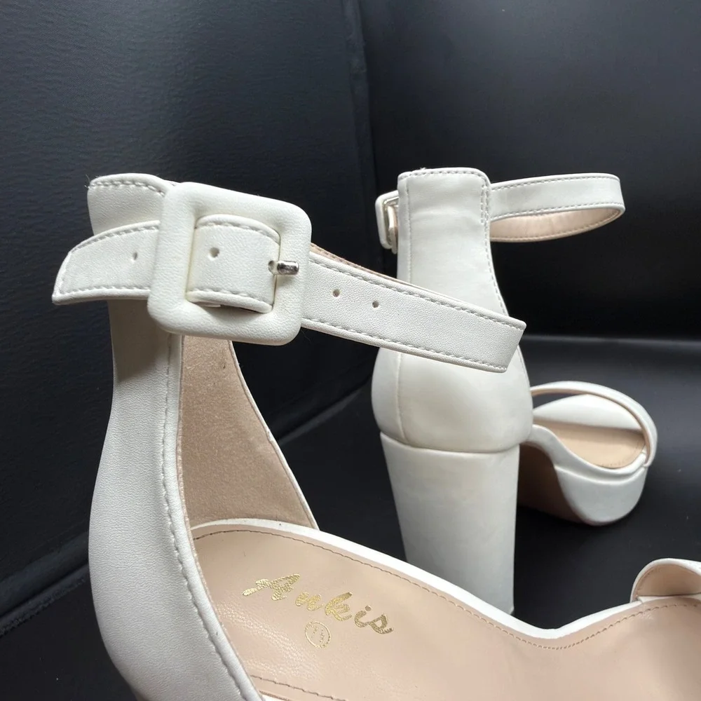 Ankis Womens White Platform Block Heel Sandals Ankle Strap Open Toe Size 7.5